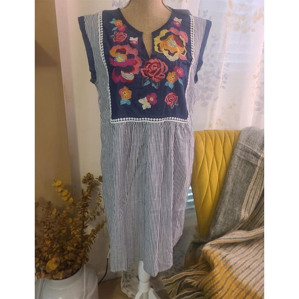 Savannah Jane Boho Peasant Dress L Blue Striped Floral Embroidered Knee Length
